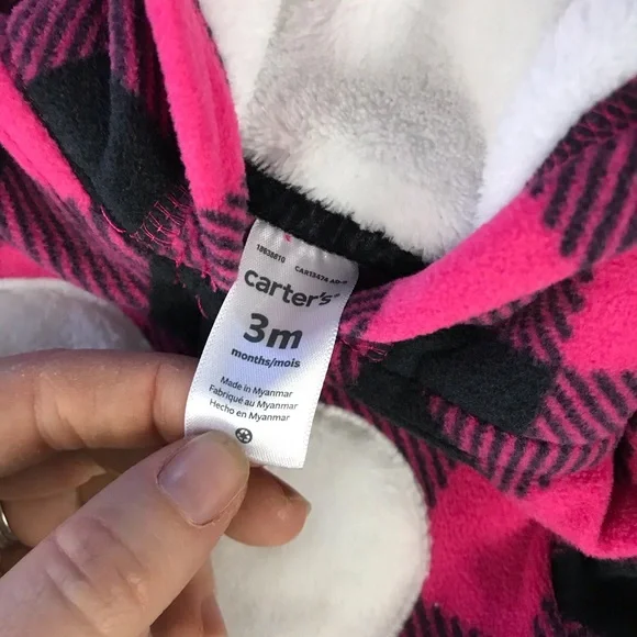 Carter’s Fleece Hooded Romper Size 3 Months Pink Black Buffalo Plaid Heart - Picture 3 of 4